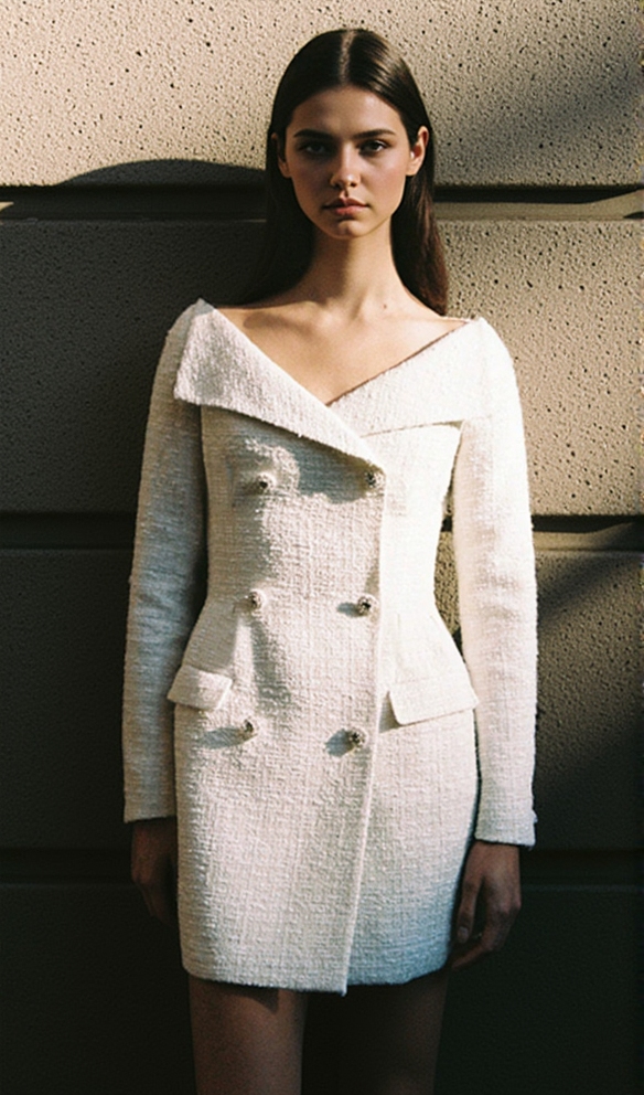 STEPHANIE WHITE BOUCLE BLAZER MINI DRESS