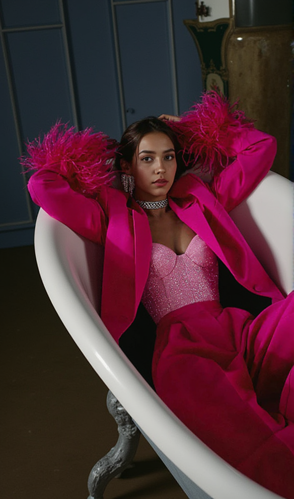 IRMA BLAZERANZÜGE MIT FEDERBESATZ IN ROSENROT