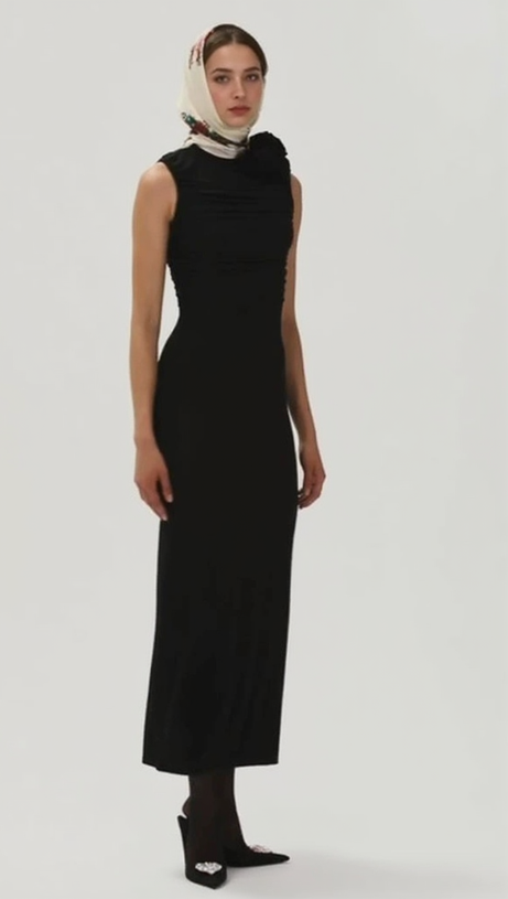 ADORA FLOWER EMBELLISHED RUCHED MIDI DRESS IN BLACK