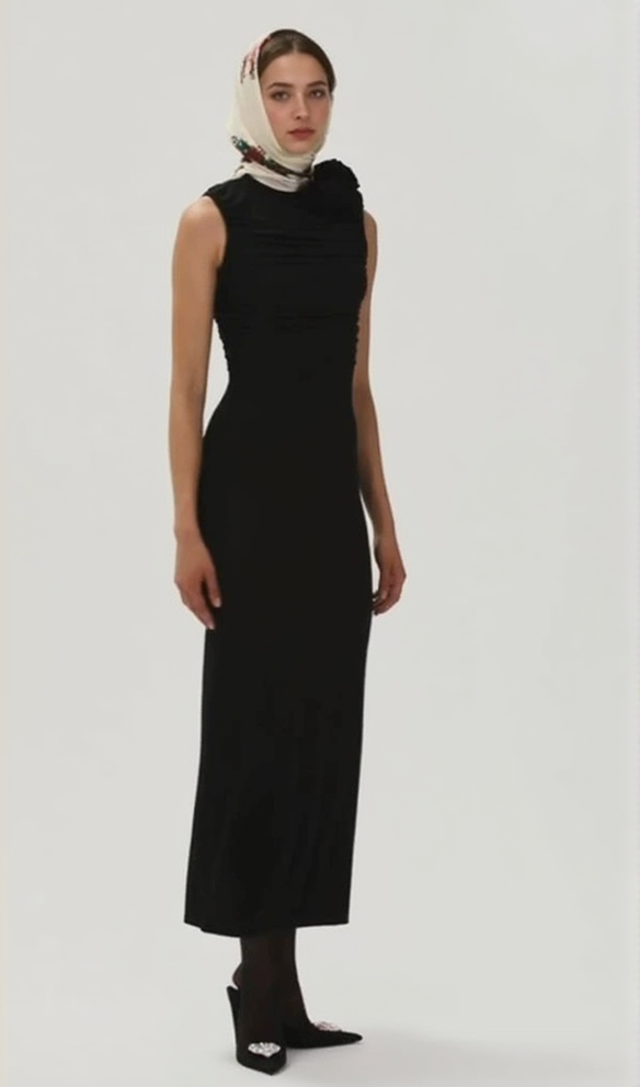 ADORA FLOWER EMBELLISHED RUCHED MIDI DRESS IN BLACK