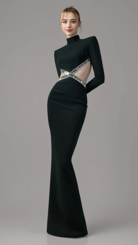 BAGUETTE CRYSTALS SIDE CUTOUTS EMBROIDERED BLACK CRÊPE MAXI DRESS