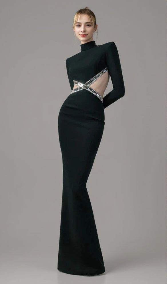 BAGUETTE CRYSTALS SIDE CUTOUTS EMBROIDERED BLACK CRÊPE MAXI DRESS