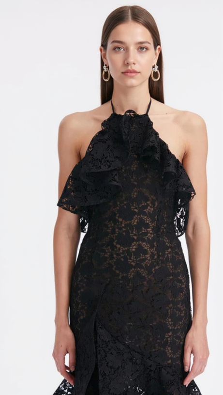 LYNN GARDENIA GUIPURE LACE RUFFLE GOWN IN BLACK
