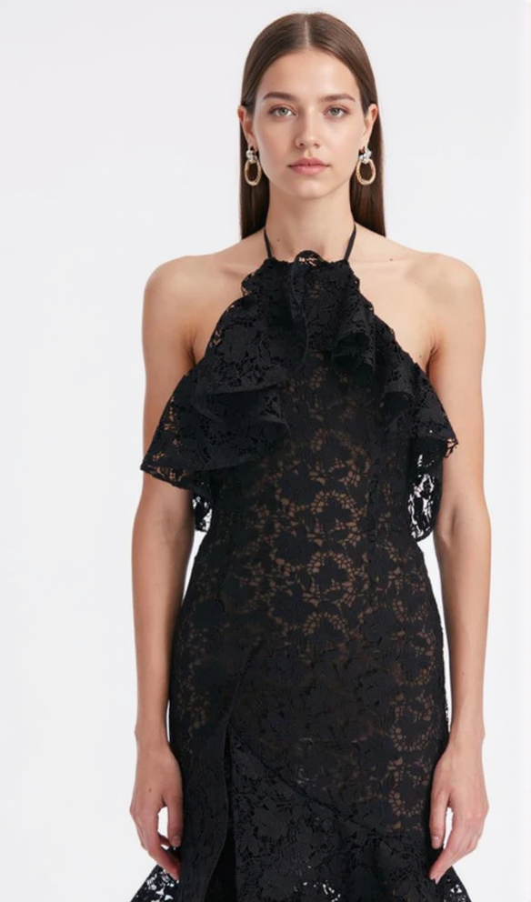 LYNN GARDENIA GUIPURE LACE RUFFLE GOWN IN BLACK