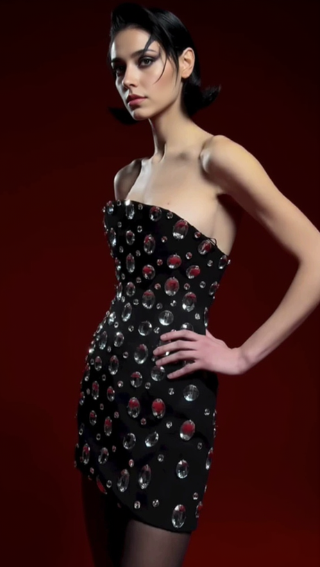 DAPHNE BLACK CRYSTAL EMBELLISHED STRAPLESS MINI DRESS