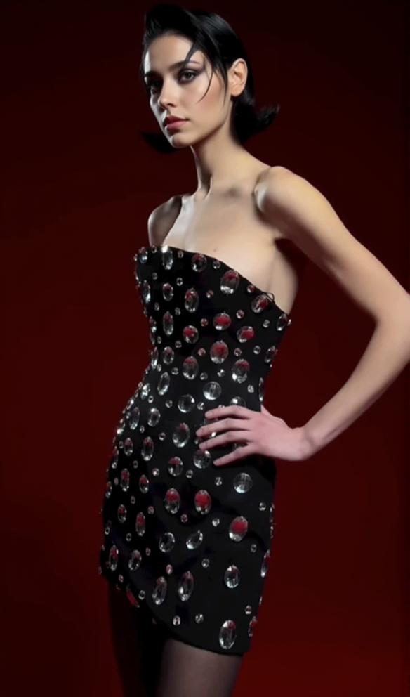 DAPHNE BLACK CRYSTAL EMBELLISHED STRAPLESS MINI DRESS