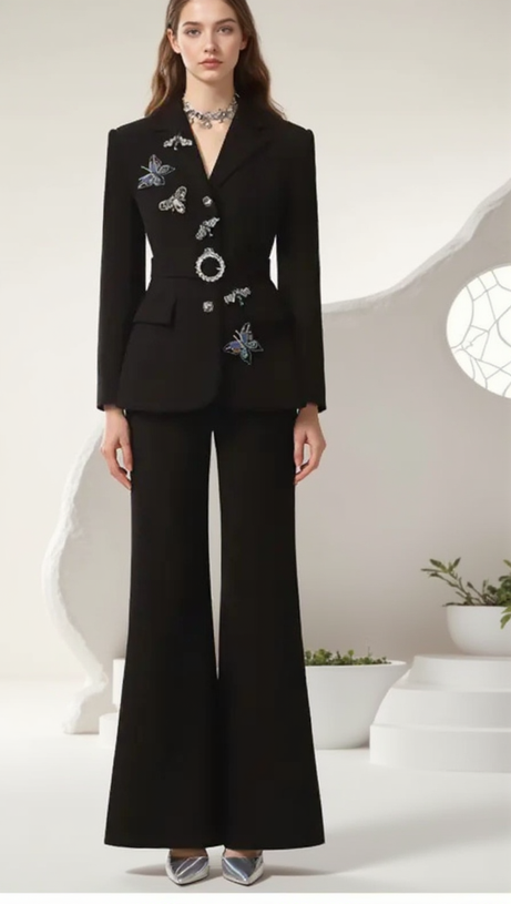 OCTAVIA BUTTERFLY EMBELLISH BLACK JACKET PANTS SUIT
