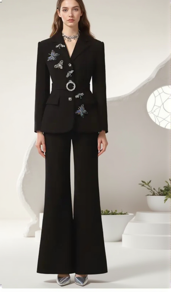 AIIZIE OCTAVIA BUTTERFLY EMBELLISH BLACK JACKET PANTS SUIT - product image