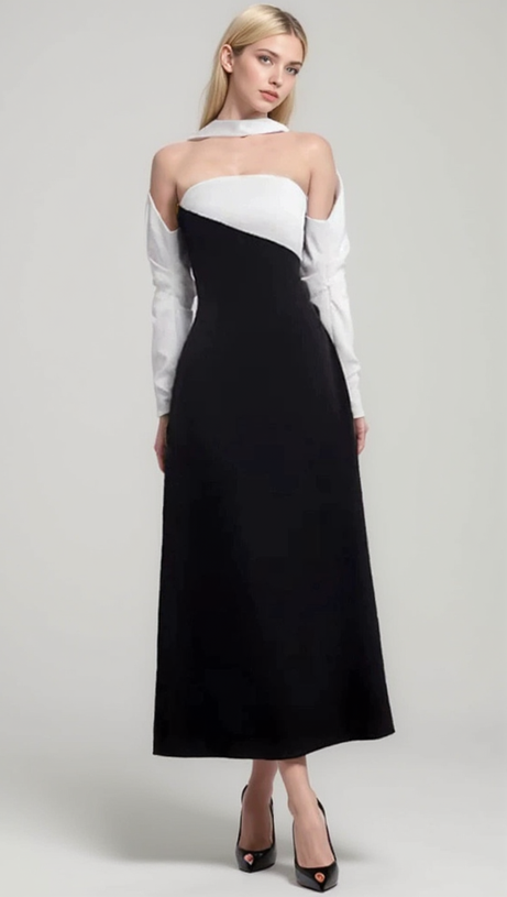 ARLENE BLACK LONG SLEEVED CUT OUT SILK TAFFETA MIDI DRESS