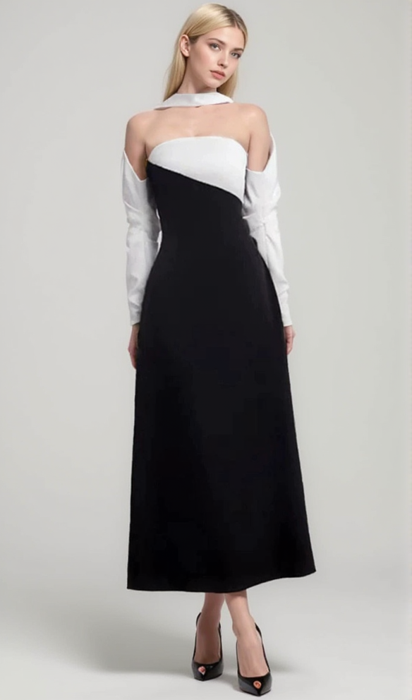 AIIZIE ARLENE BLACK LONG SLEEVED CUT OUT SILK TAFFETA MIDI DRESS - product image