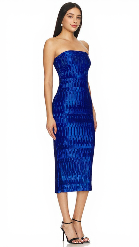 REINE PLISSE STRAPLESS MIDI DRESS
