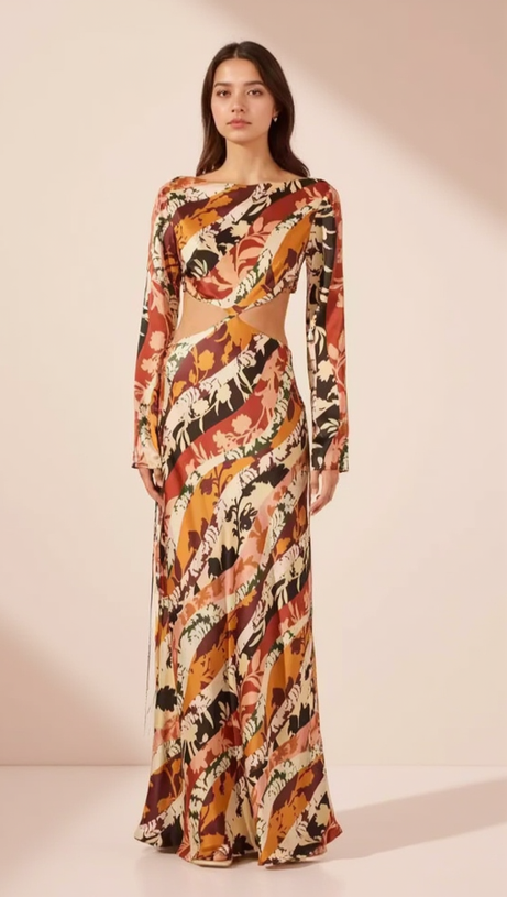 CATHERINE PRINTED CUT-OUT MAXI DRESS IN ORANGE