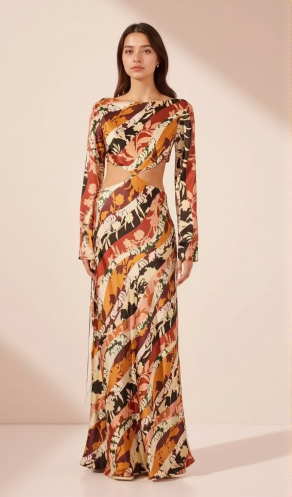 CATHERINE PRINTED CUT-OUT MAXI DRESS IN ORANGE