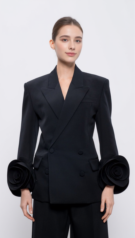 BELLA BLACK DOUBLE-BREASTED WOOL JACKET WITH FLORAL APPLIQUÉ