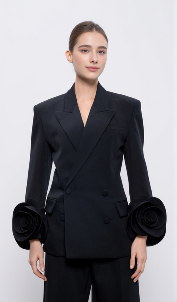 BELLA SCHWARZE ZWEIREIHIGE WOLLJACKE MIT BLUMENAPPLIKATION