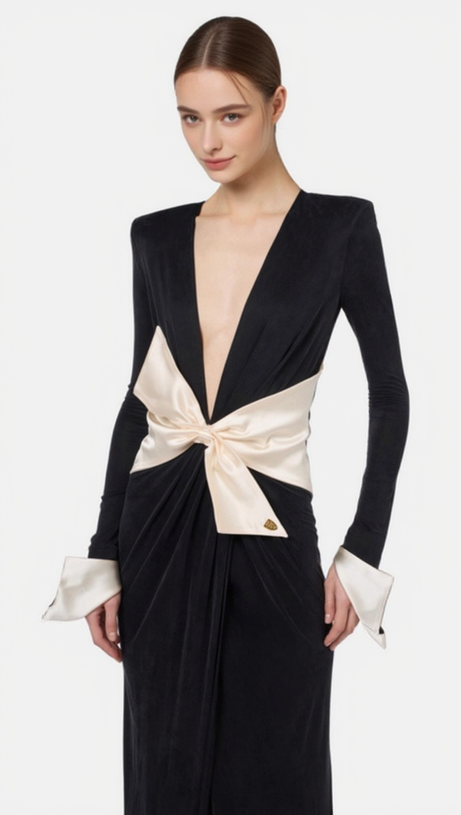 BOW BLACK CARPET DRESS IN DRAPE JERSEY