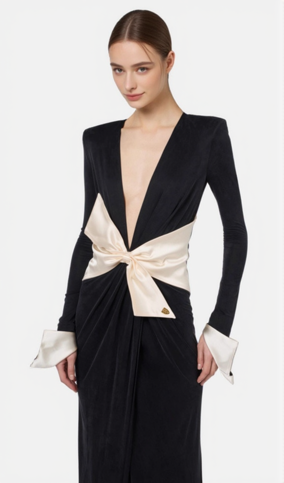 BOW BLACK CARPET DRESS IN DRAPE JERSEY