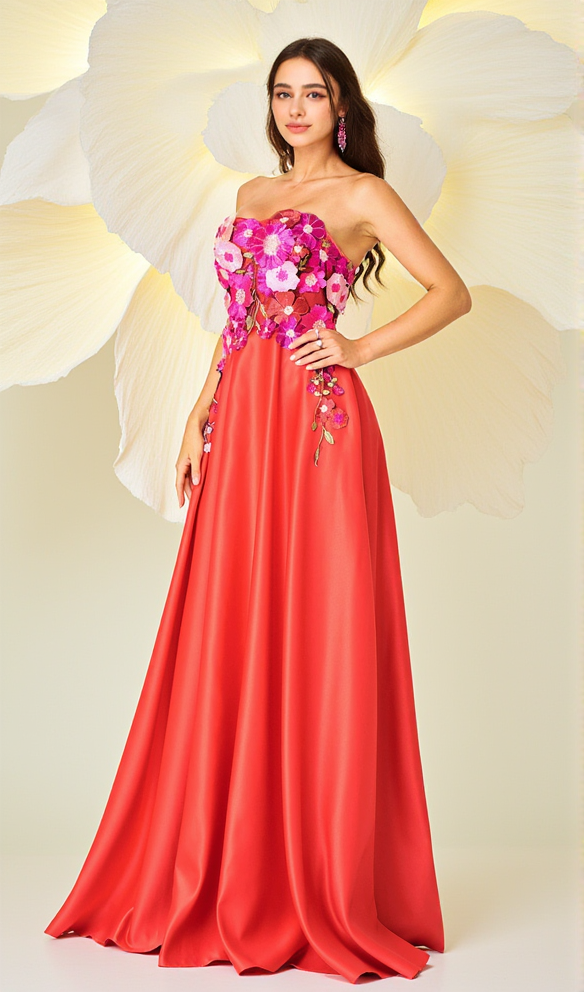 AIIZIE EMBROIDERED FLORAL STRAPLESS A-LINE MAXI DRESS IN RED - product image