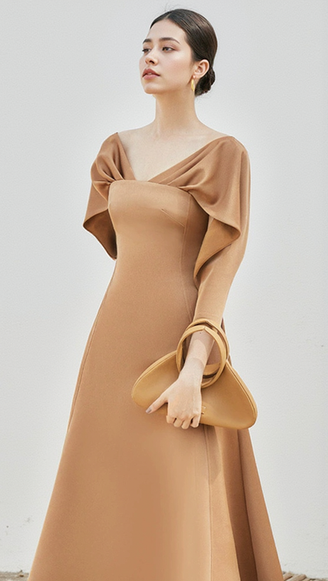 ODELIA V-NECK BROWN A-LINE MIDI DRESS