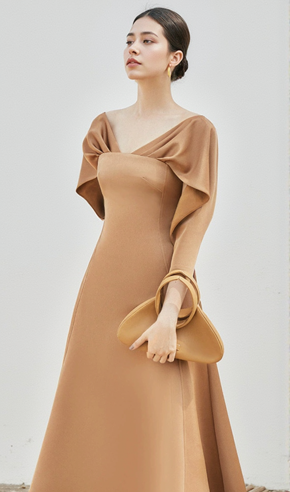 AIIZIE ODELIA V-NECK BROWN A-LINE MIDI DRESS - product image