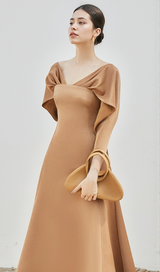 ODELIA V-NECK BROWN A-LINE MIDI DRESS