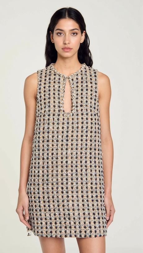 POPPY RHINESTONE-EMBELLISHED TWEED CAMEL MINI DRESS