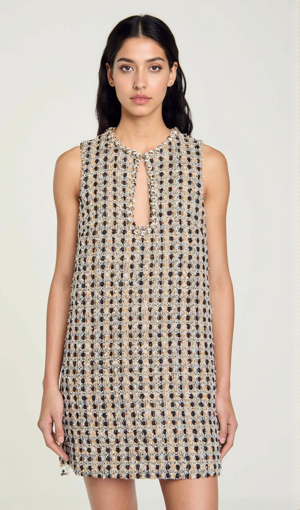 POPPY RHINESTONE-EMBELLISHED TWEED CAMEL MINI DRESS