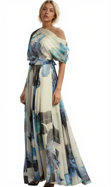 SANDRA MEHRFARBIGES UNREGELMÄSSIGE CHIFFON-MAXIKLEID MIT EINER SCHULTER