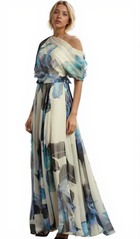 SANDRA MULTICOLOR ONE SHOULDER IRREGULAR CHIFFON MAXI DRESS