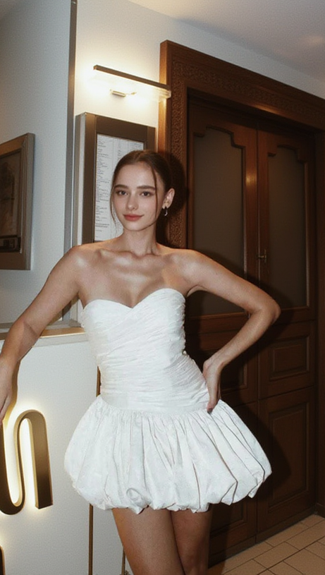 BALLOON DRAPED STRAPLESS MINI DRESS IN WHITE