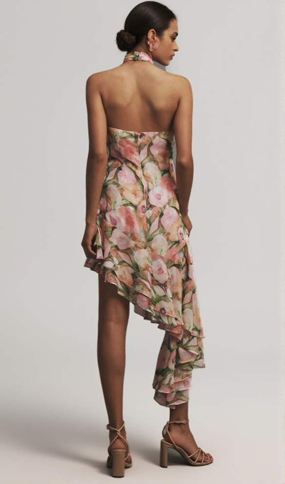 AIIZIE SABINA PINK GREEN ASYMMETRIC FLORAL HALTER MIDI DRESS - product image