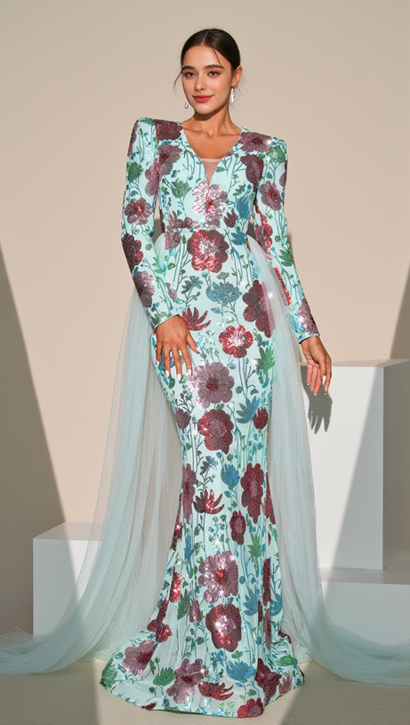 LONG SLEEVE FLORAL PRINT SEQUIN MAXI DRESS IN GREEN