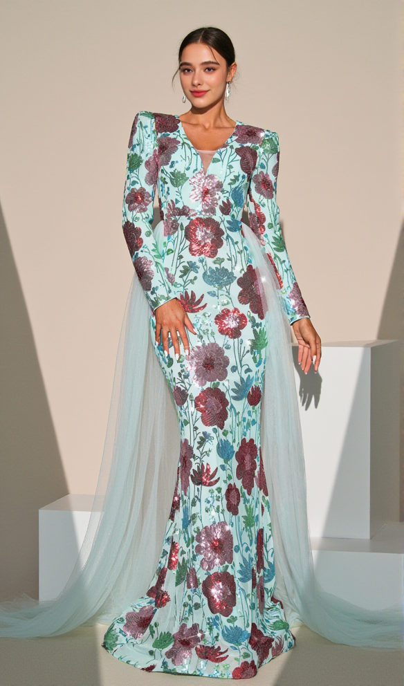 AIIZIE LONG SLEEVE FLORAL PRINT SEQUIN MAXI DRESS IN GREEN - product image