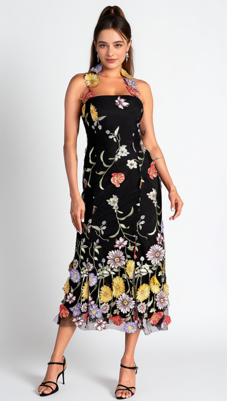 HALTER EMBROIDER FLORAL MIDI DRESS IN BLACK