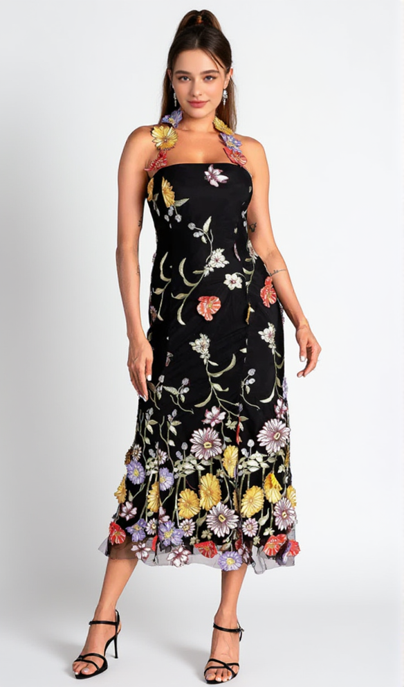 AIIZIE HALTER EMBROIDER FLORAL MIDI DRESS IN BLACK - product image