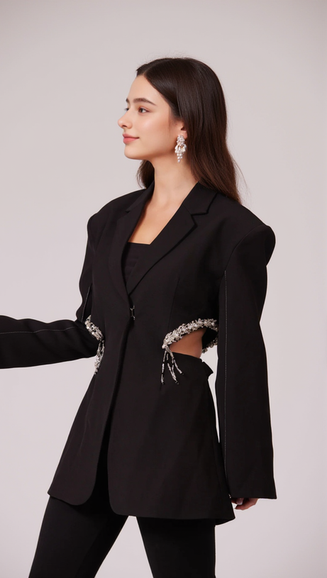 CRYSTAL-EMBELLISHED CUT OUT BLAZER DRESS IN BLACK
