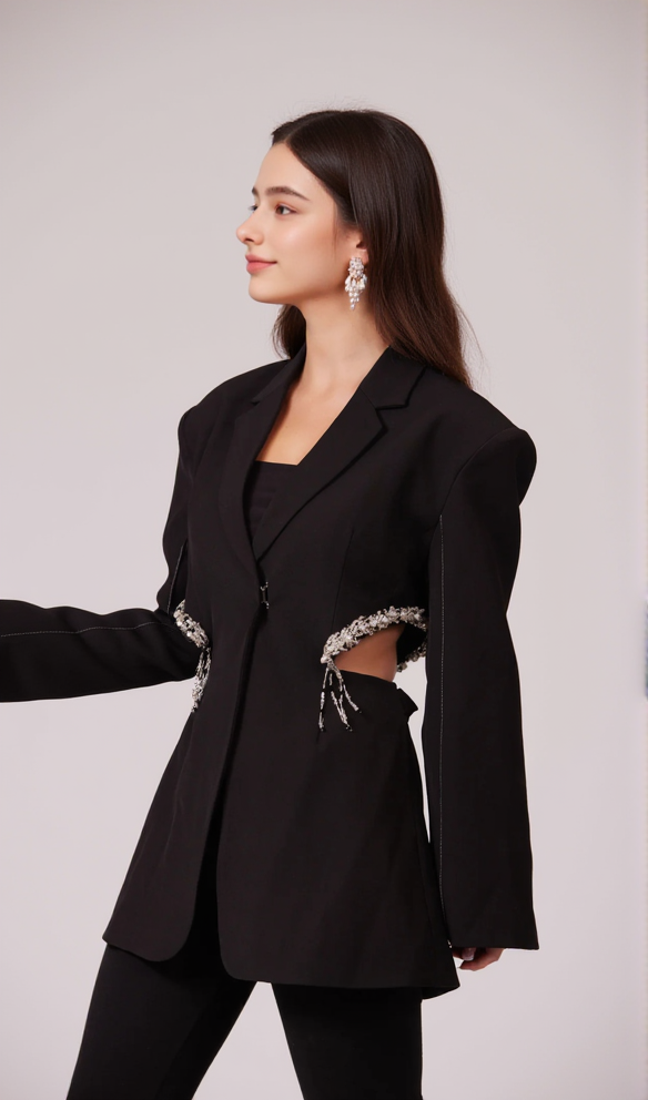 AIIZIE CRYSTAL-EMBELLISHED CUT OUT BLAZER DRESS IN BLACK - product image