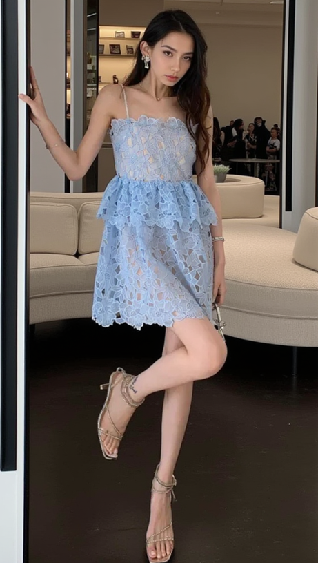 OLGA LACE LAYER CUTOUT MINI DRESS IN BLUE