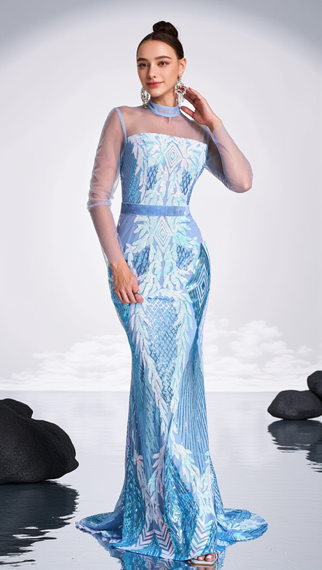 STAND COLLAR MERMAID MAXI DRESS IN LIGHT BLUE