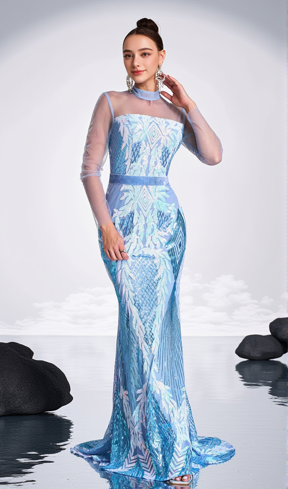 AIIZIE STAND COLLAR MERMAID MAXI DRESS IN LIGHT BLUE - product image