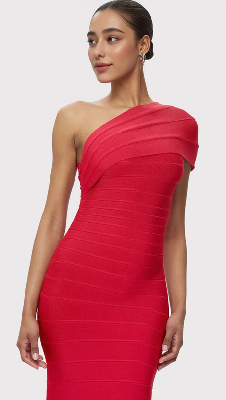 ABIGAIL ONE-SHOULDER BANDAGE MIDI DRESS IN RIO RED