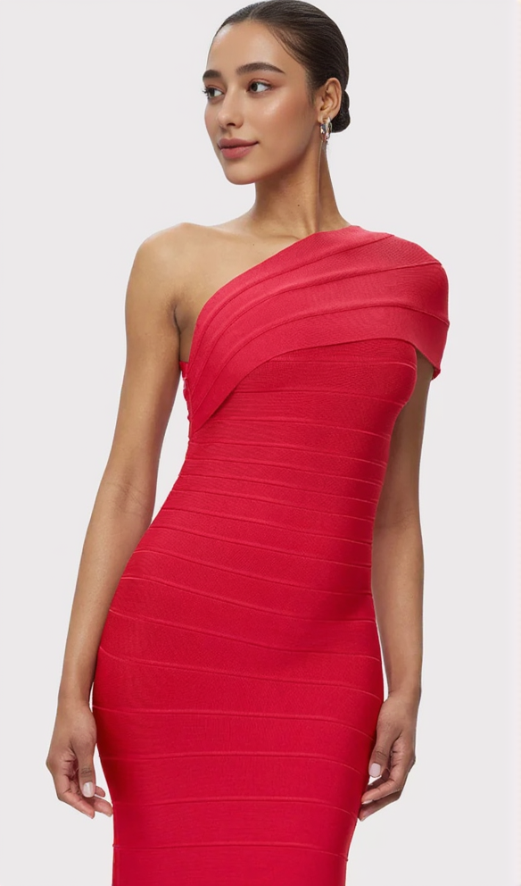 AIIZIE ABIGAIL ONE-SHOULDER BANDAGE MIDI DRESS IN RIO RED - product image