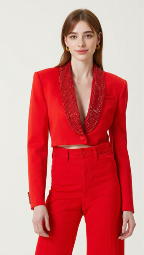 CRYSTAL-EMBELLISHED RED CROPPED BLAZER SET