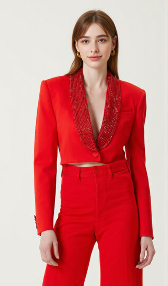 AIIZIE CRYSTAL-EMBELLISHED RED CROPPED BLAZER SET - product image