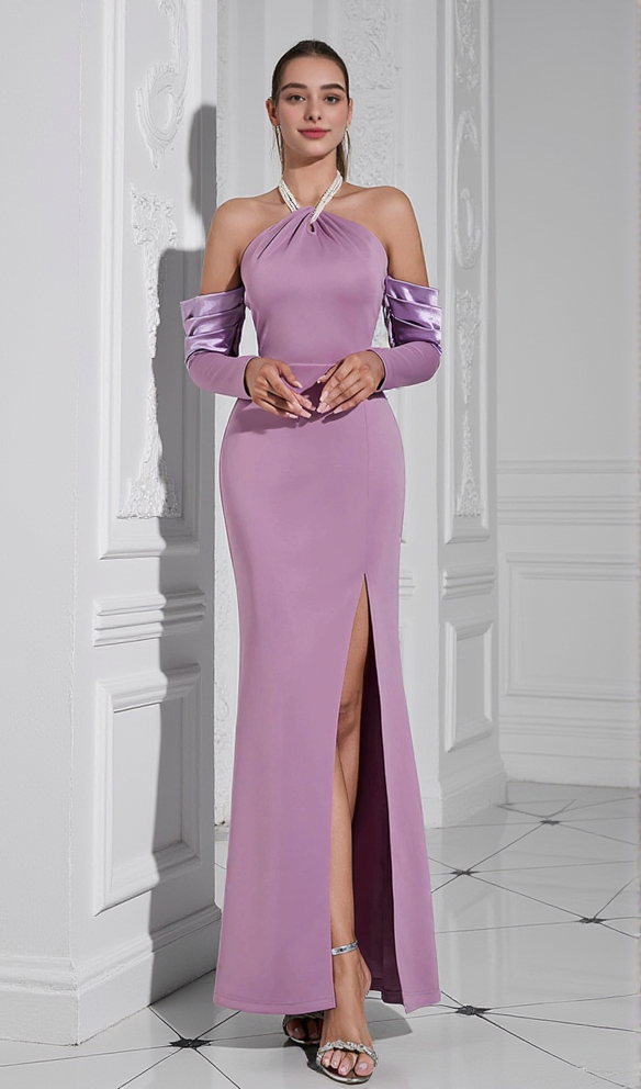 AIIZIE CHARLOTTE OFF-SHOULDER PEARL HALTER MAXI DRESS IN PURPLE - product image