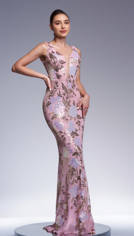 SLEEVELESS SEQUIN PRINT MAXI DRESS IN PINK