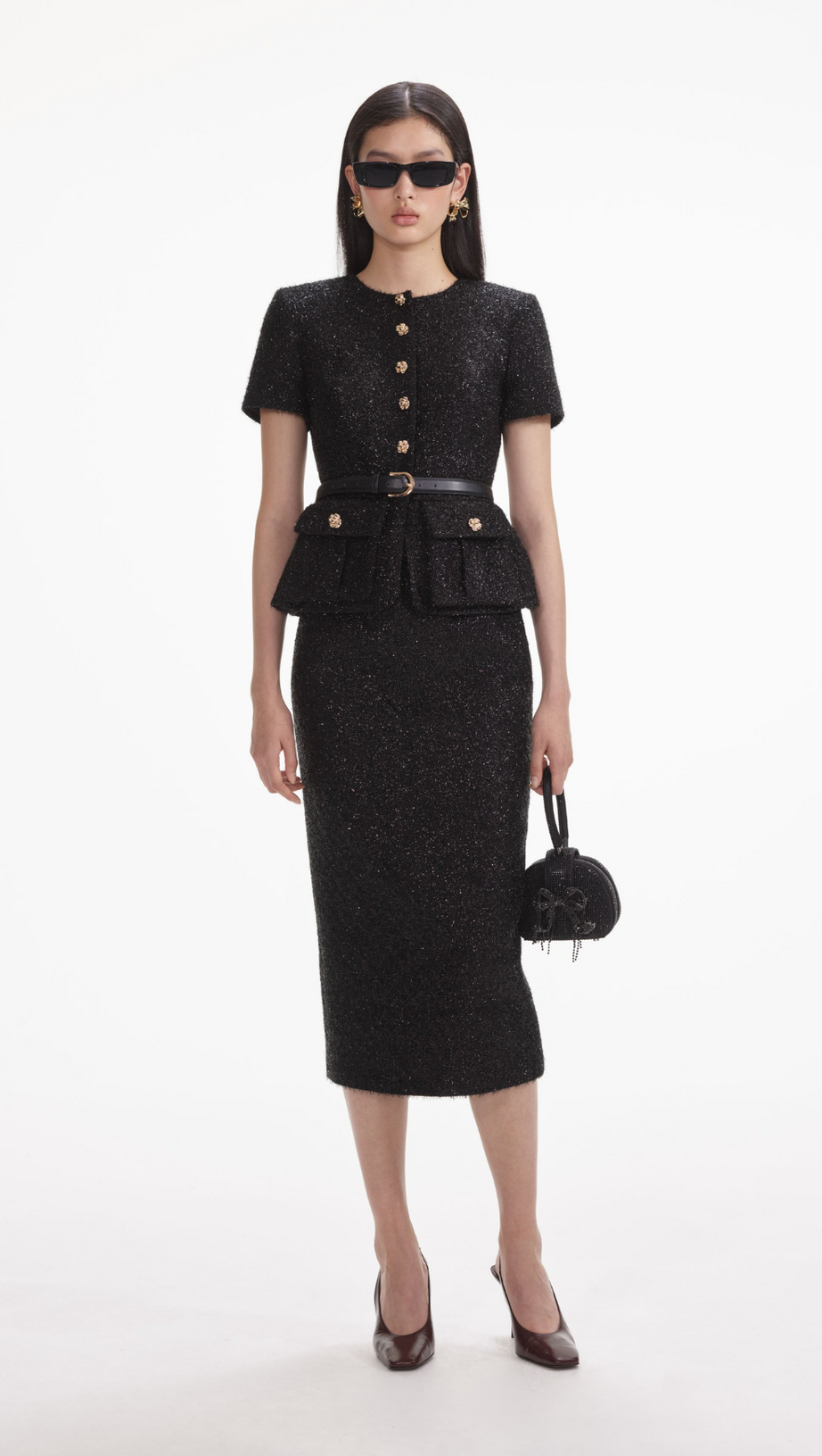 BLACK TINSEL BOUCLE TAILORED MIDI DRESS