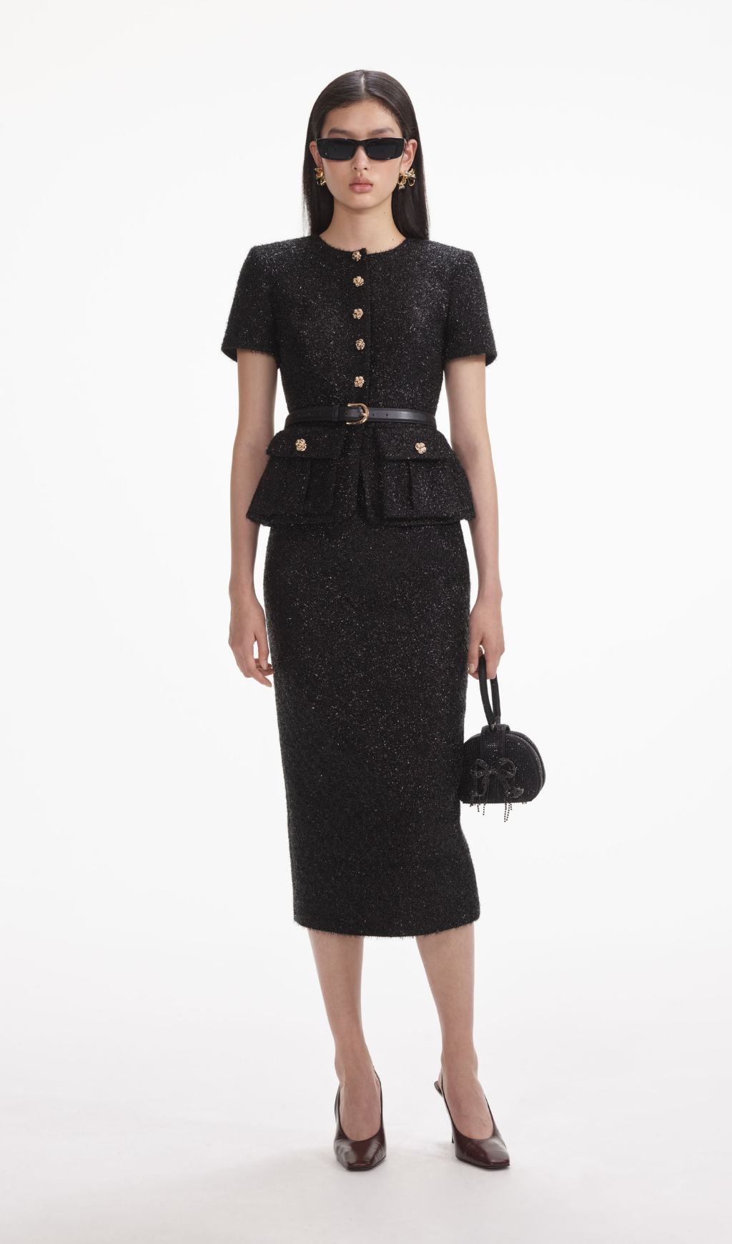 BLACK TINSEL BOUCLE TAILORED MIDI DRESS