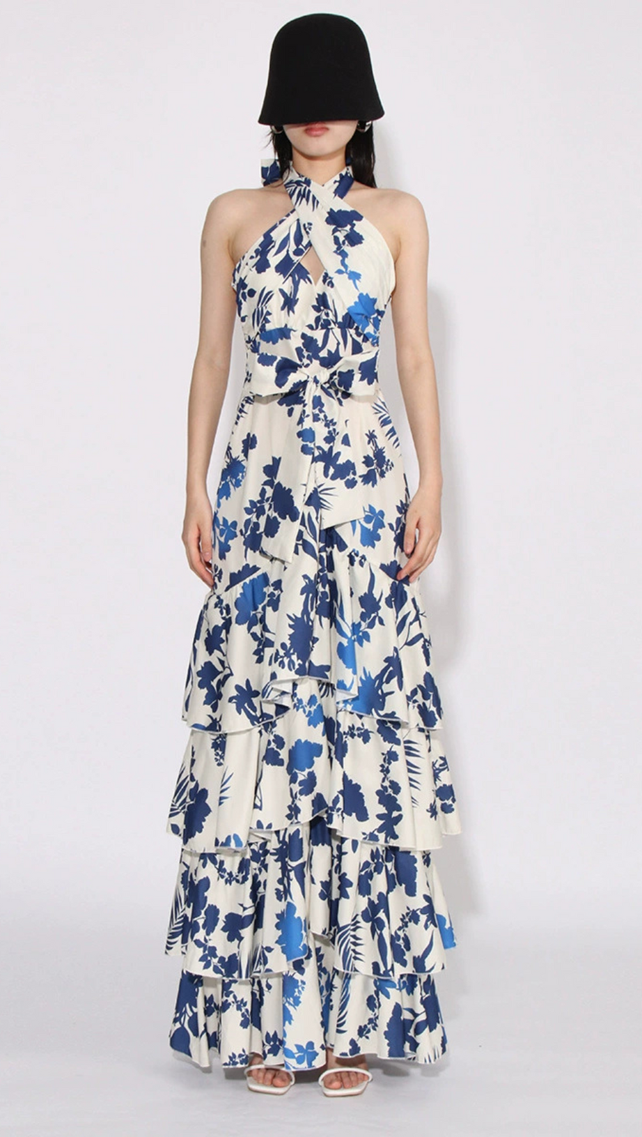 CAROLINE SLEEVELESS RUFFLED PRINT HALTER MAXI DRESS