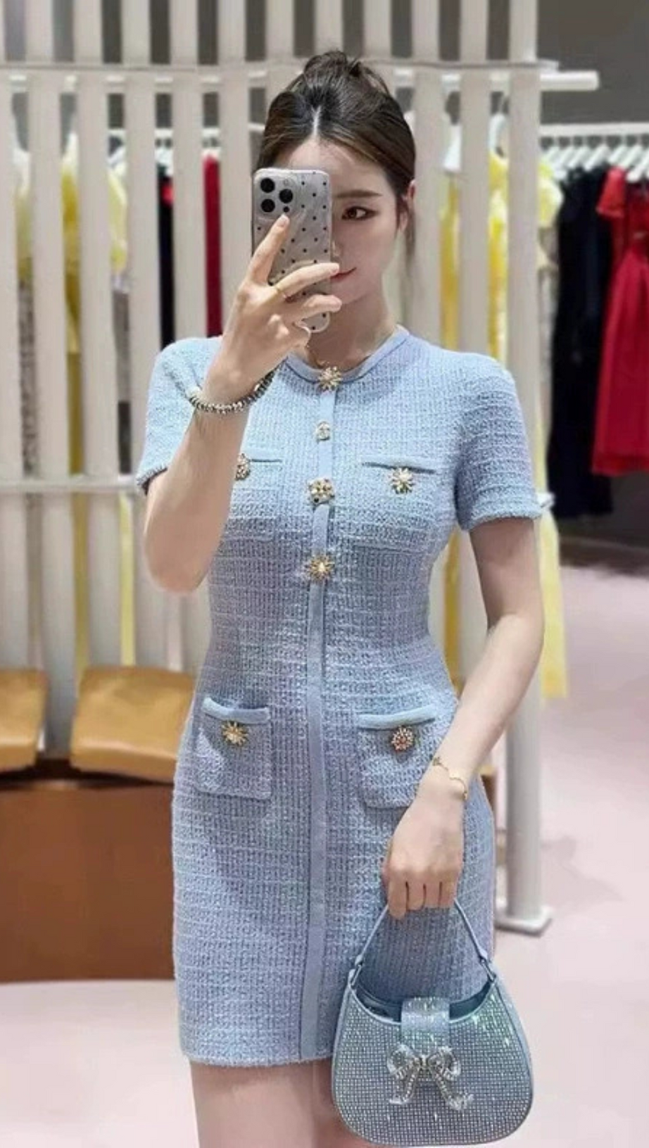 MODESTY BEADED BUTTON KNIT MINI DRESS IN BLUE